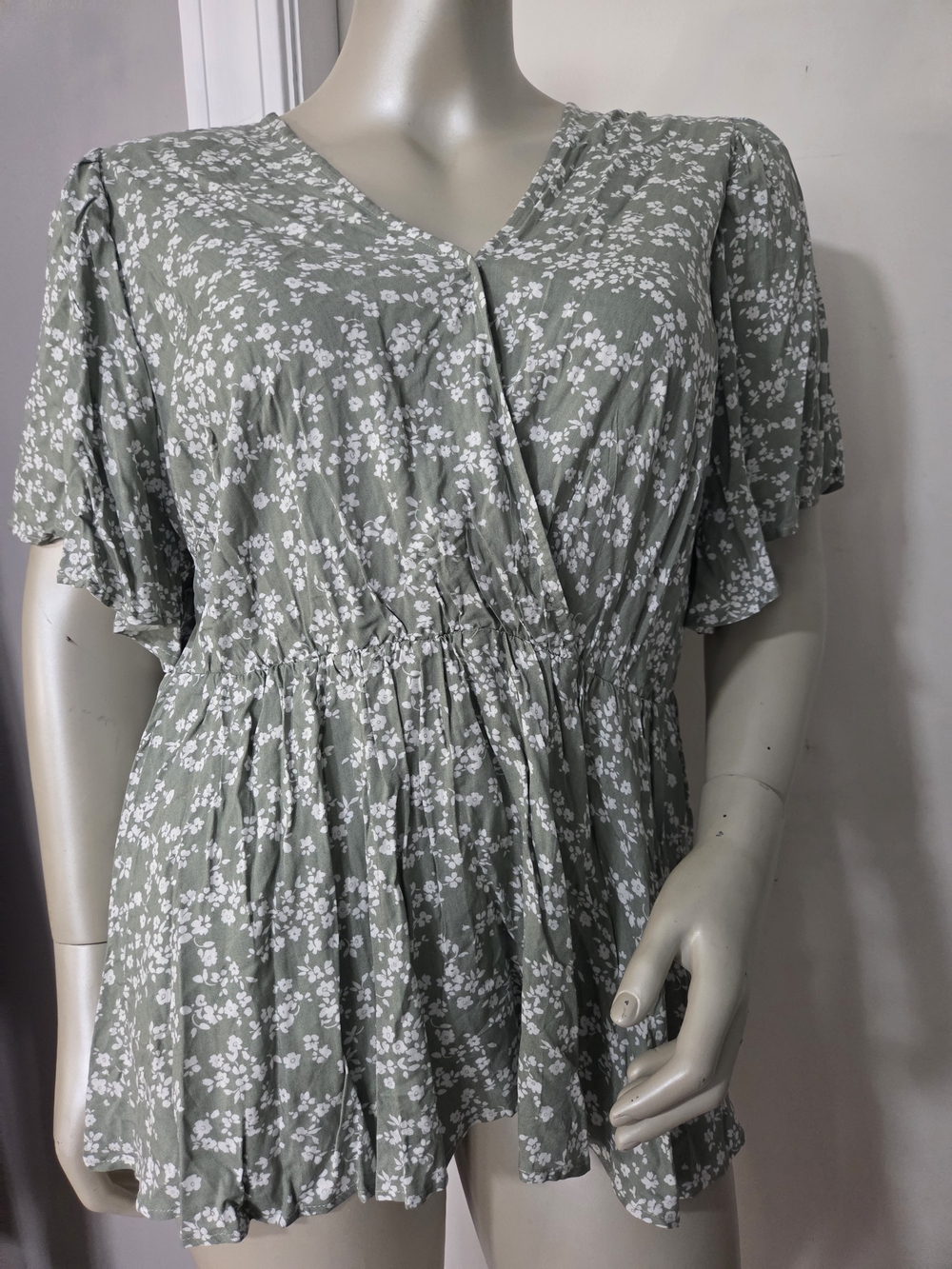 BloomChic Sage Green Floral Wrap-Style Babydoll Top